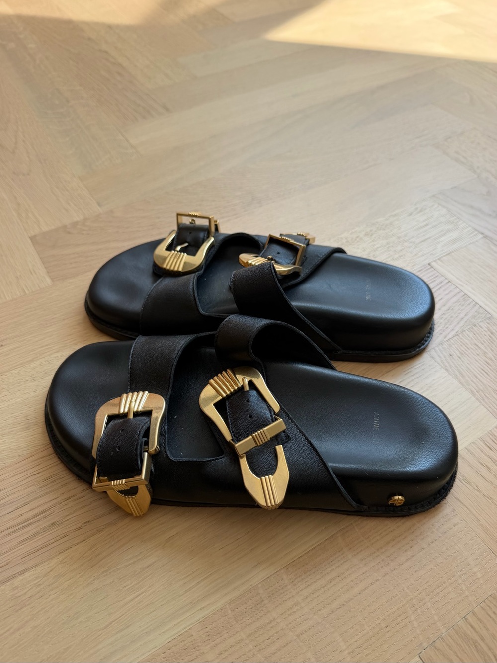 Anine Bing Black Leather Slide Sandals with Gold Buckles - Picture 10 of 16